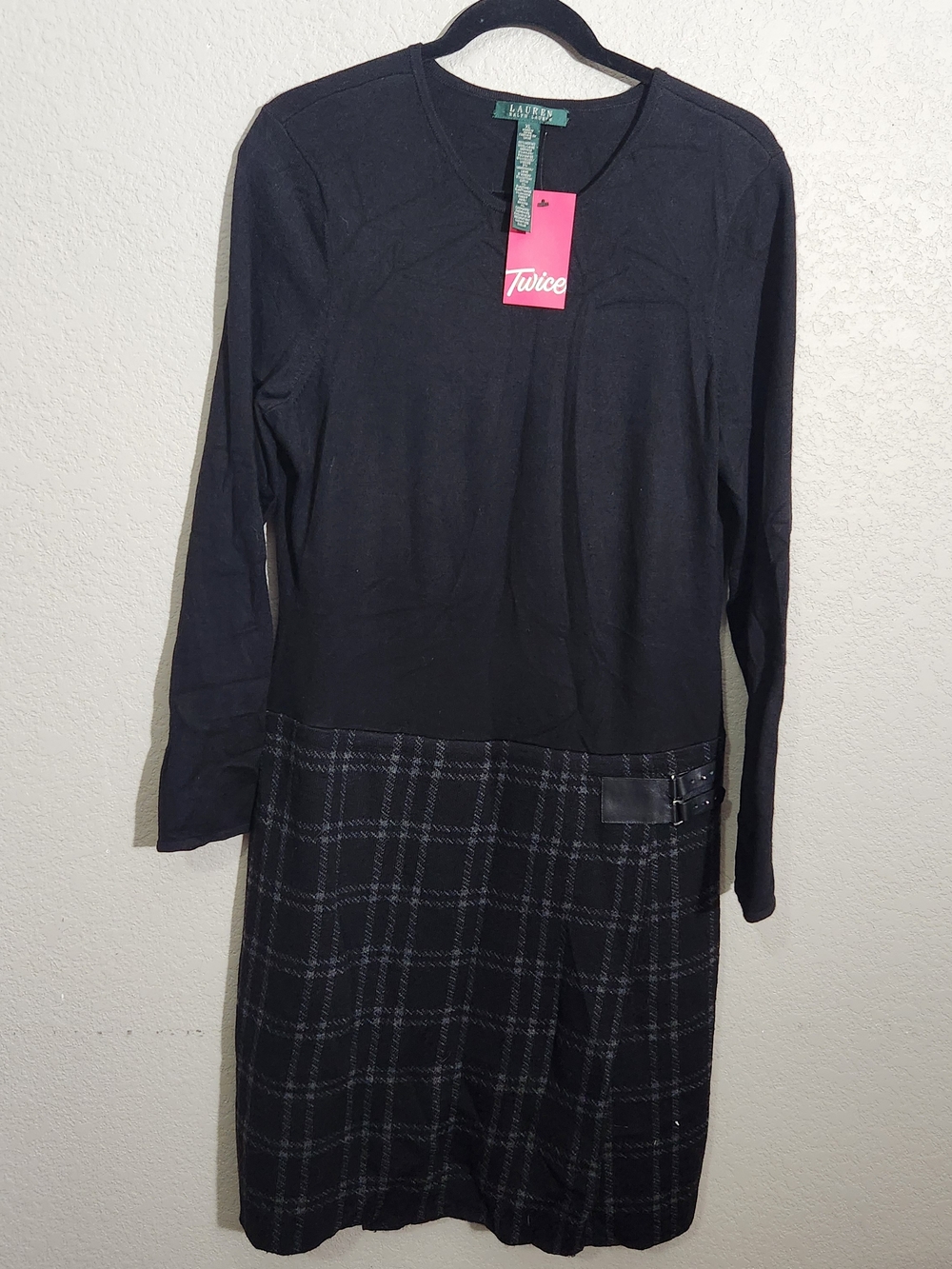 Lauren Ralph Lauren Black Long-Sleeve Plaid Hem Dress